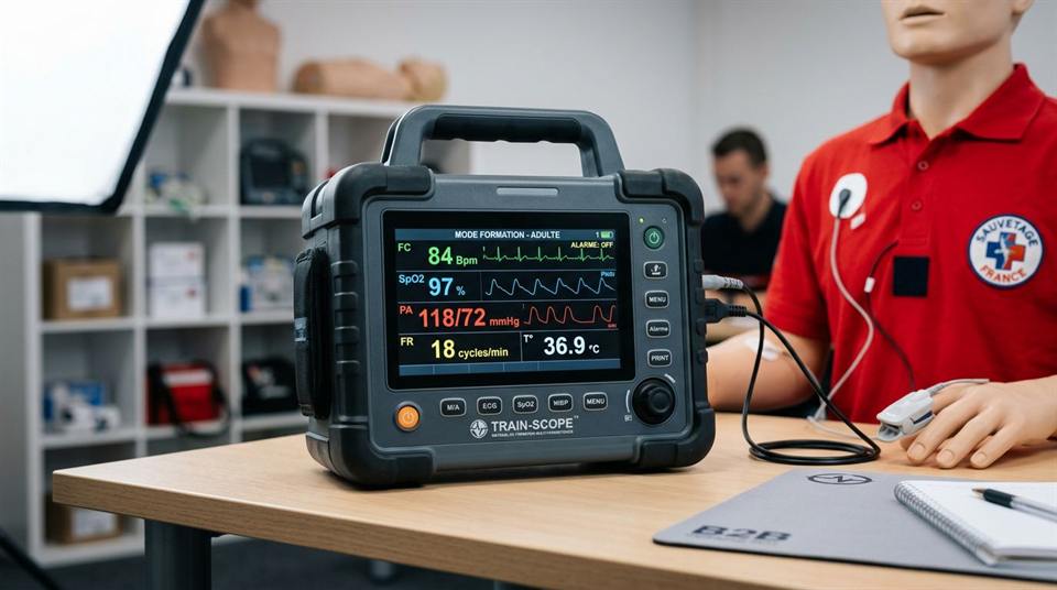 Interface du moniteur multiparamétrique : pouls, SpO2, tension et ECG